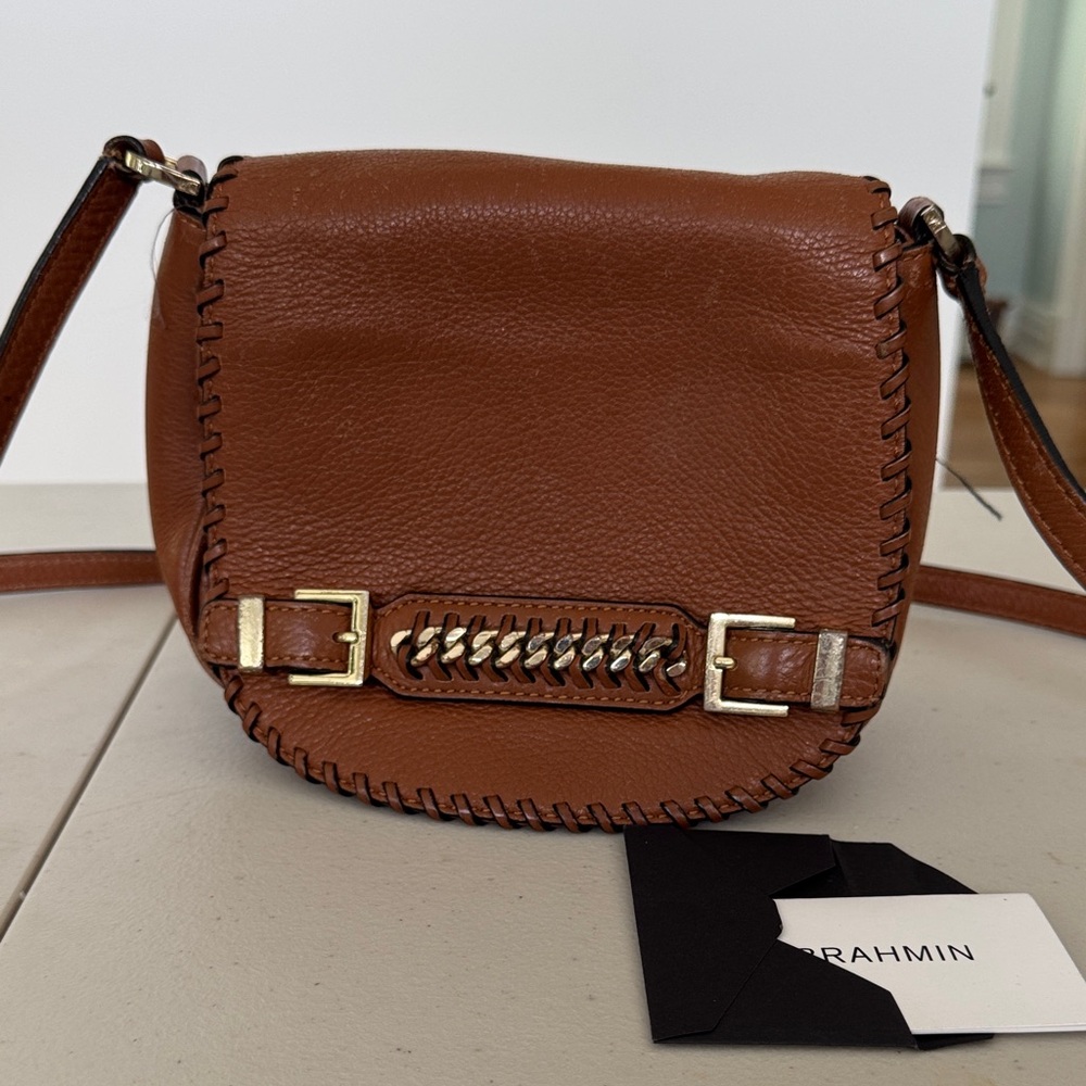 Brahmin Tan Leather Crossbody Bag with Gold Accents